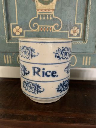 Antique Vintage Blue White Rice Stoneware Canister