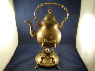 An Antique/vintage Table Solid Brass Kettle/teapot With Stand And Burner