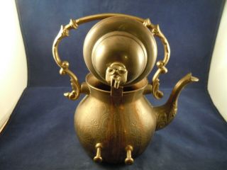 An antique/vintage table solid brass kettle/teapot with stand and burner 3