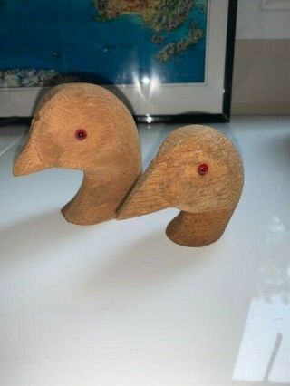 2 Old Ralph Malpage Coot Duck Decoy Wooden Heads Unpainted,  Glass Eyes 3.  5 " 2.  5 "