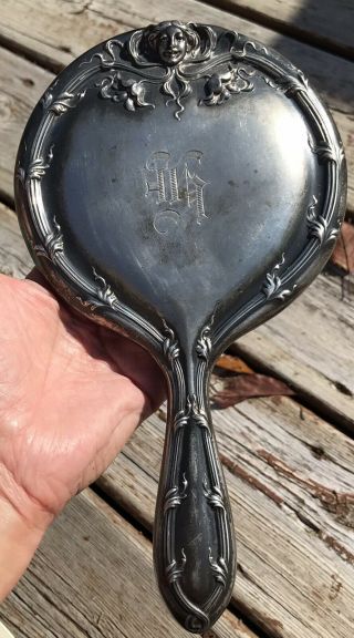 Antique Vtg Art Nouveau Silver Metal Hand Mirror Bevelled Glass Engraved “h”