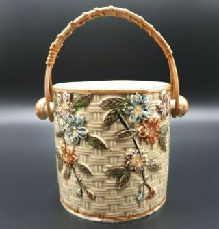 Vtg Majolica Ceramic Biscuit Jar Wicker Handle Basket Weave And Flowers - No Lid