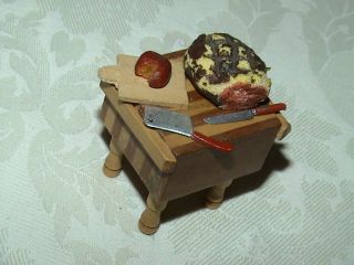 Dollhouse Miniature Wood Butcher Block Table Cutting Board Roast Beef & Knives