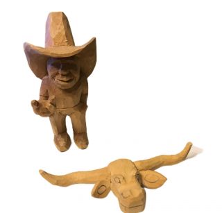 Hand Carved Wood Cowboy Man And Longhorn Hook Em Horns Texas Unpainted Western