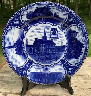 Antique Staffordshire Souvenir 9”plate Independence Hall Pa Betsy Ross Flow Blue