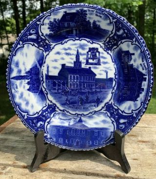 Antique Staffordshire Souvenir 9”Plate Independence Hall PA Betsy Ross Flow Blue 2