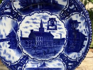 Antique Staffordshire Souvenir 9”Plate Independence Hall PA Betsy Ross Flow Blue 3