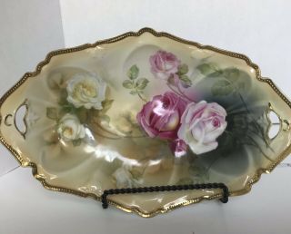 Antique Rs Germany Double Handled Server Platter Hand Painted Roses 9x13 Ec