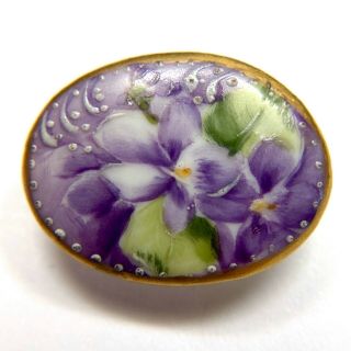 Antique Button Hand Painted & Gilded Porcelain Stud W Purple Flowers