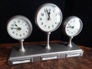 Pottery Barn Retro 3 Time Zone Desk Clock Matte Silver,  Art Decco Style,  Vintage