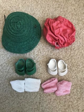 Vintage Vogue Ginny Doll 1950’s Green White Shoes Pink Socks Green Hat Panties