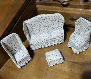 Vintage Miniature Dollhouse Sofa Footstool 2 Chairs Furniture Cloth