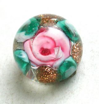 Antique Paperweight Glass Button Dimi Size Pink & Green Rose Flower - 1/4 "