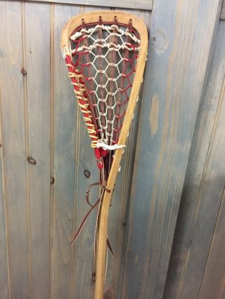 Rare Vintage Lacrosse Wood Stick 43” Made In England Red & Leather