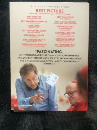The Two Popes 2019 FYC DVD screener RARE Anthony Hopkins Netflix 2