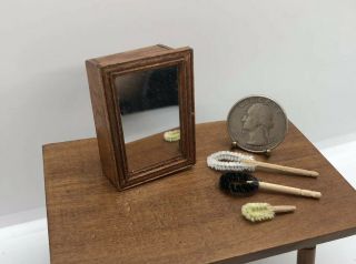 Dollhouse Miniature Vintage Wooden Medicine Cabinet And Cleaning Brushes