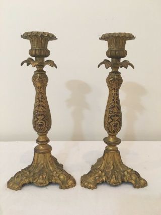 Rare Antique Art Nouveau Cast Bronze W/ Gold Gilt Candlestick Pair