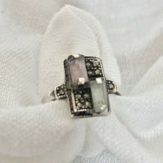 Antique Art Deco Sterling Silver Rock Crystal & Marcasite Ring Size 8
