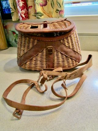 Vintage Wicker Fishing Creel With Leather Shoulder Strap