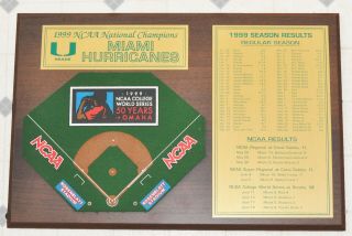 Rare Miami Hurricanes 1999 National Championship Baseball Champions 18x12 Plaque