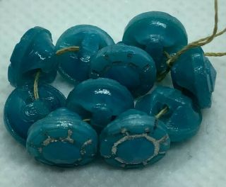 Antique Vintage Blue Turquoise With Silver Inlay Glass Buttons - Set Of 10