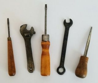 5 Little Antique Or Vintage Metal And Wood Toy Tools
