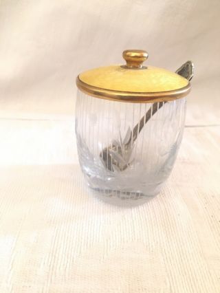 Vtg 1825 R.  Wallace Salt Spoon With Cut Glass Salt Cellar With Gold Lid.