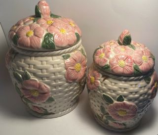 Franciscan Desert Rose Rare Basket Weave Cookie Jar Canister Set 10” & 8”