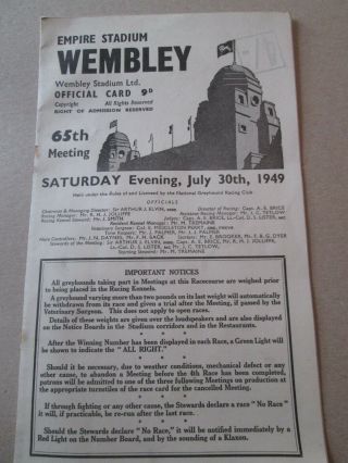 Rare July 1949 Empire Stadium Wembley Greyhound Racing Programme/racecard V.  G.  C