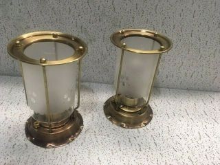 Pair - Antique Ceiling Light Fixtures - Brass/glass -