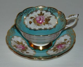 Rare Royal Stafford English Bone China Tea Cup Saucer Turquoiuse Rose Heavy Gold