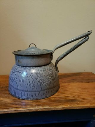 Vintage/antique Rare 3 Piece Gray Granite Double Boiler Pot With Lid