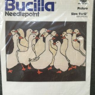 Bucilla Vtg Gaggle Of Geese Needlepoint Kit 9x12 Wool Farmhouse Decor Rare Htf