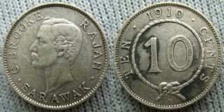 38 1910h Malaysia Sarawak Rajah Charles J.  Brooke 10 Cents Silver Coin Vf,  Rare