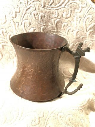 Antique Copper Hand Forged Pitcher With Bird Handle