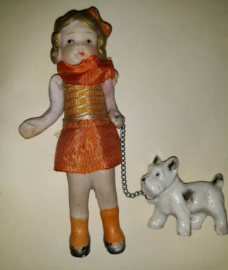 Antique Bisque Doll 4.  5 " With Scottie Dog On Leash Doll House