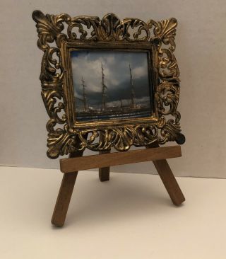 Miniature Dollhouse Furniture Wooden Easel With Framed Picture Art Decor 2