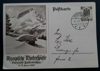 Rare 1936 Germany Winter Olympics 6,  4 Pfg Stamped Postcard Cancelled Stuttgart