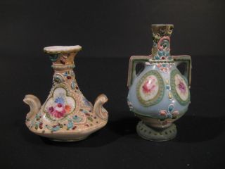 Antique Japanese Porcelain Hand Painted Moriage Dot Enamel Mini Vases (2)