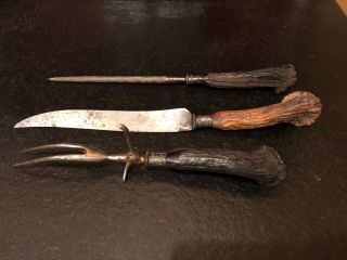 Antique/vintage Stag Horn Antler Carving Knife Fork Sharpener Set Pat.  July 1886