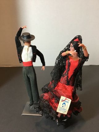 Vintage Marin Chiclana Spanish Flamenco Dancer Doll Pair - Red/black 11.  5”