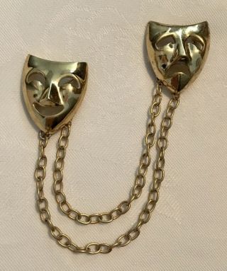 Vintage Gold - Tone Trifari Tm Comedy & Tragedy Theater Face Double Chain Brooch