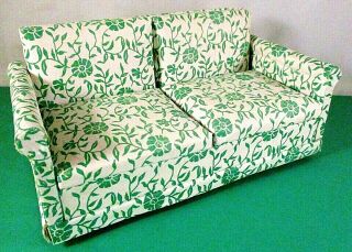 Vintage Miniature White Green Floral Uphostery Couch Dollhouse