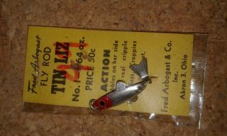 Vintage Fred Arbogast Tin Liz Fly Rod Fishing Lure On Card