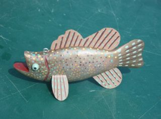 Great Antique Speckled Carved Wood Ice Fishing Lure Folk Art Decoy,  Tin Fins