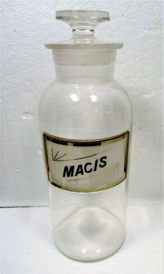 Victorian Age Pharmacy Apothecary Glass Jar " Macis " Scarce