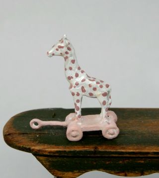 Vintage Hand Painted Giraffe Nursery Pull Toy Artisan Dollhouse Miniature 1:12