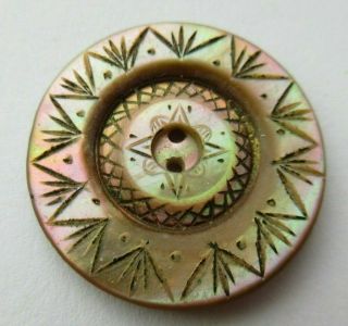 Wonderful Antique Vtg Carved Abalone Shell Button W/ Incised Design 1 - 1/8 " (u)
