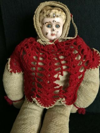 Antique 1910 Cloth Stuffed Doll With Porcelain Head,  Hand Knit Clothing