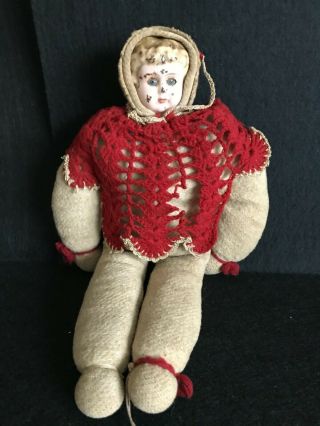 Antique 1910 Cloth Stuffed Doll with Porcelain Head,  Hand Knit Clothing 2